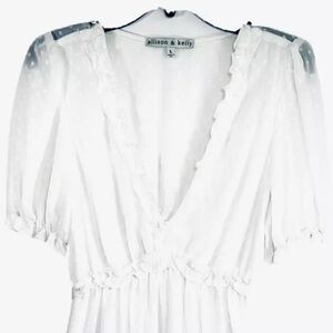 Allison & Kelly dress L Juniors off white lined dot ruffles short sleeve NWOT